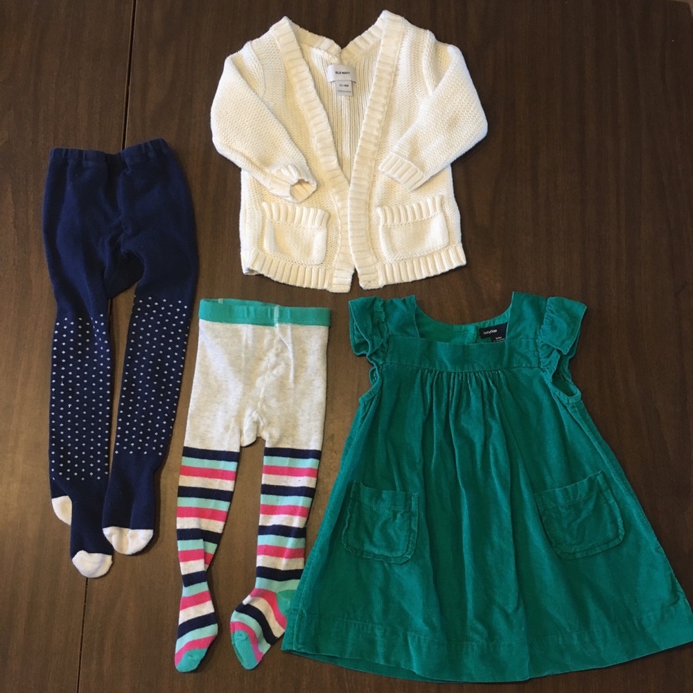 Corduroy dress, open cardigan, & tights sz 12-18